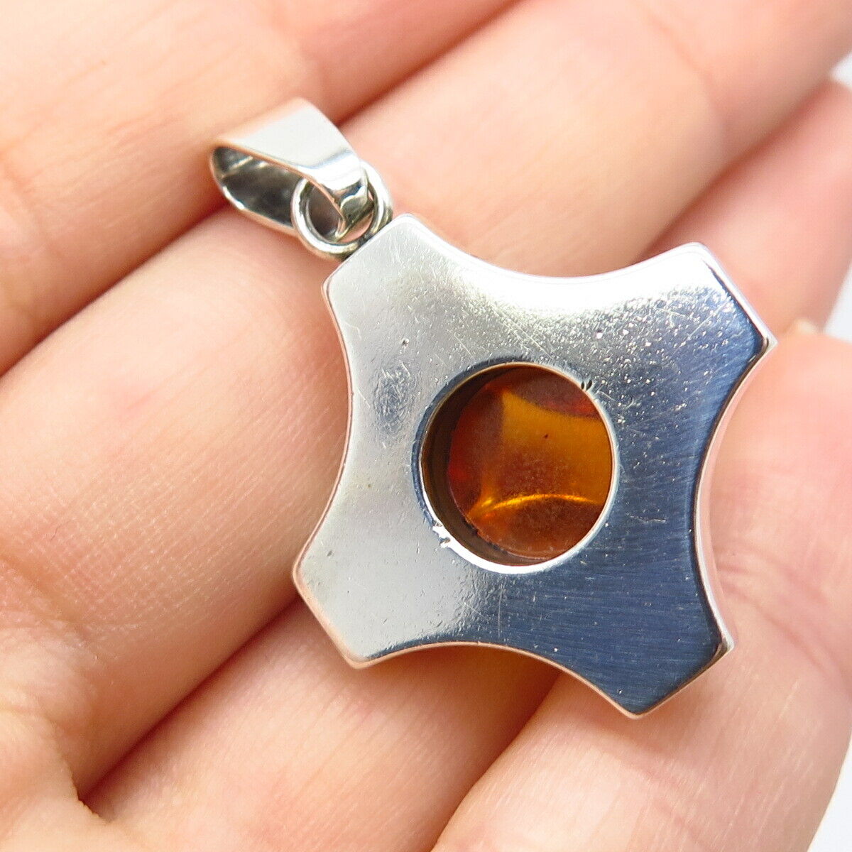 925 Sterling Silver Vintage Real Amber Cross Pendant