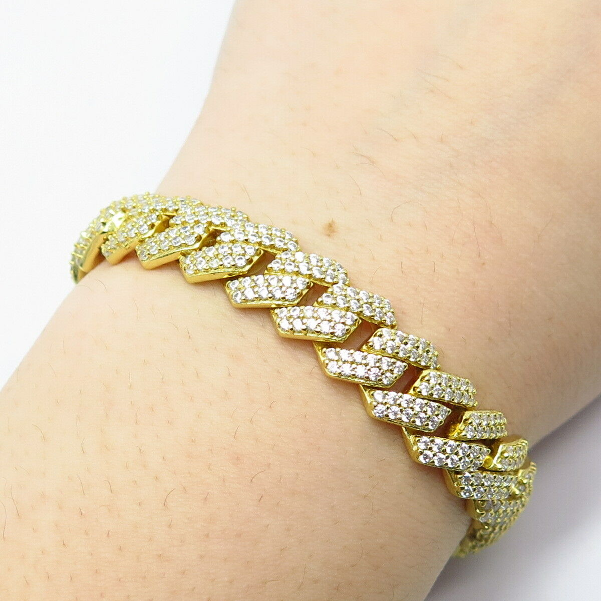 925 Sterling Silver Gold Plated C Z Cuban Link Bracelet 8.5"