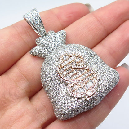 925 Sterling Silver 2-Tone Pave C Z Dollar Sign Bag Money Pendant