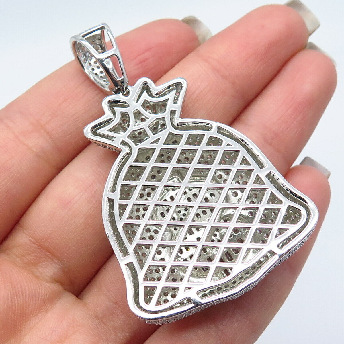 925 Sterling Silver 2-Tone Pave C Z Dollar Sign Bag Money Pendant