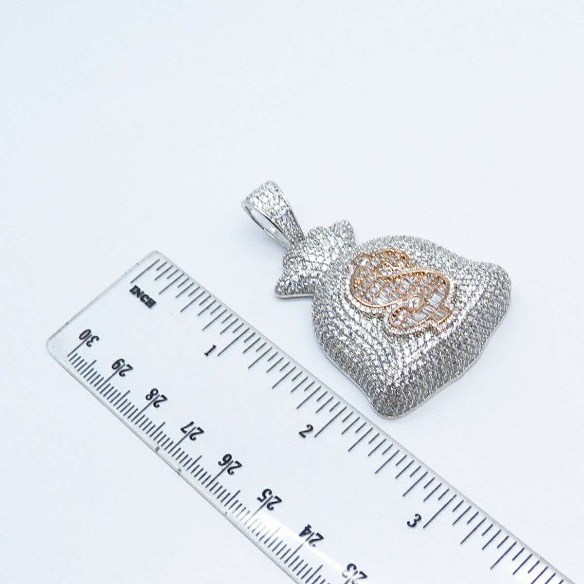 925 Sterling Silver 2-Tone Pave C Z Dollar Sign Bag Money Pendant