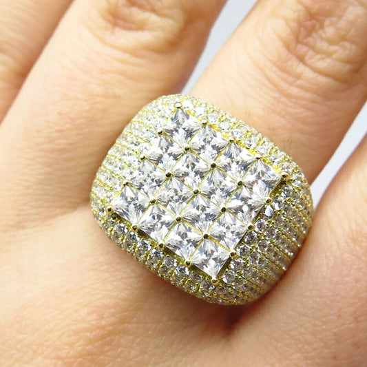 925 Sterling Silver Gold Plated Pave C Z Signet Ring Size 12