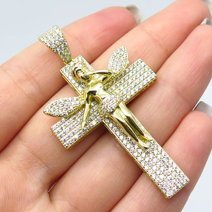 925 Sterling Silver Gold Plated Pave C Z Cross & Fairy Girl Pendant