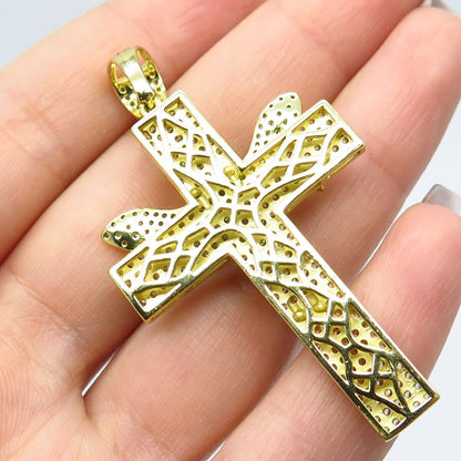 925 Sterling Silver Gold Plated Pave C Z Cross & Fairy Girl Pendant