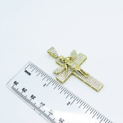 925 Sterling Silver Gold Plated Pave C Z Cross & Fairy Girl Pendant