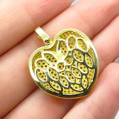 925 Sterling Silver Gold Plated Pave C Z Heart Pendant