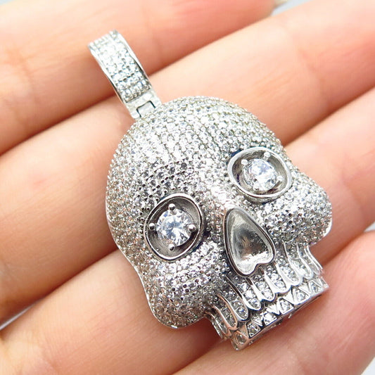 925 Sterling Silver Pave C Z Scull Biker Pendant