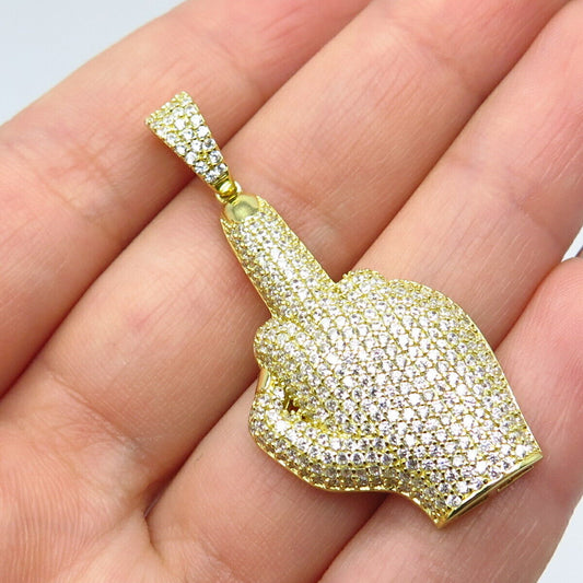 925 Sterling Silver Gold Plated Pave C Z Middle Finger Pendant