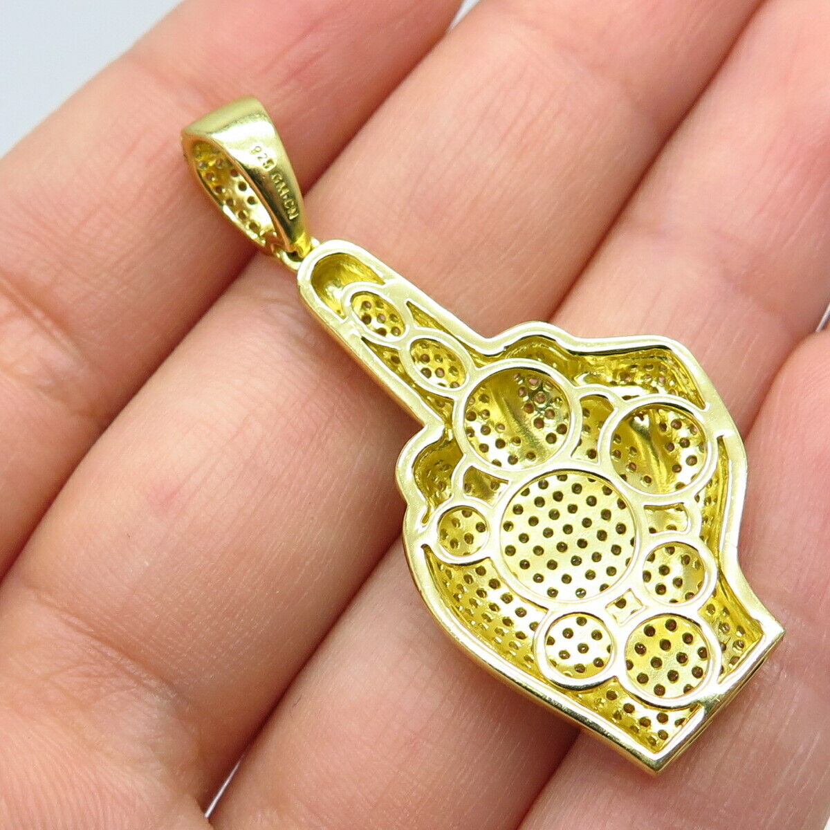 925 Sterling Silver Gold Plated Pave C Z Middle Finger Pendant