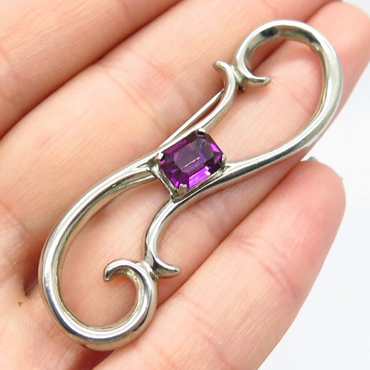 925 Sterling Silver Vintage Purple Rhinestone Modernist Pin Brooch