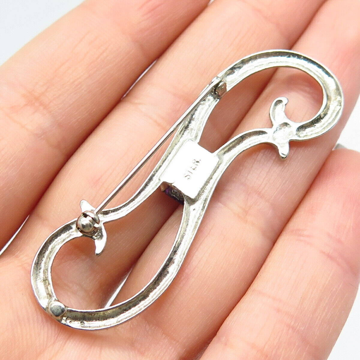 925 Sterling Silver Vintage Purple Rhinestone Modernist Pin Brooch