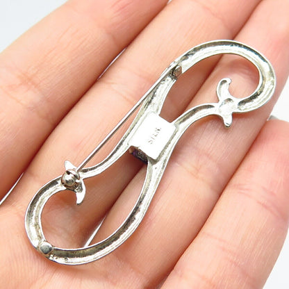 925 Sterling Silver Vintage Purple Rhinestone Modernist Pin Brooch