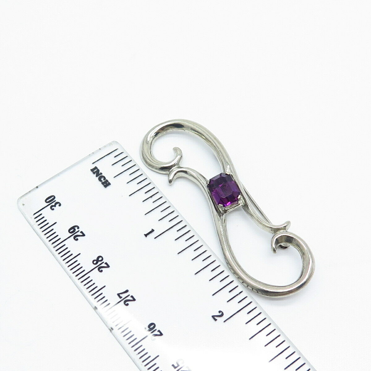 925 Sterling Silver Vintage Purple Rhinestone Modernist Pin Brooch