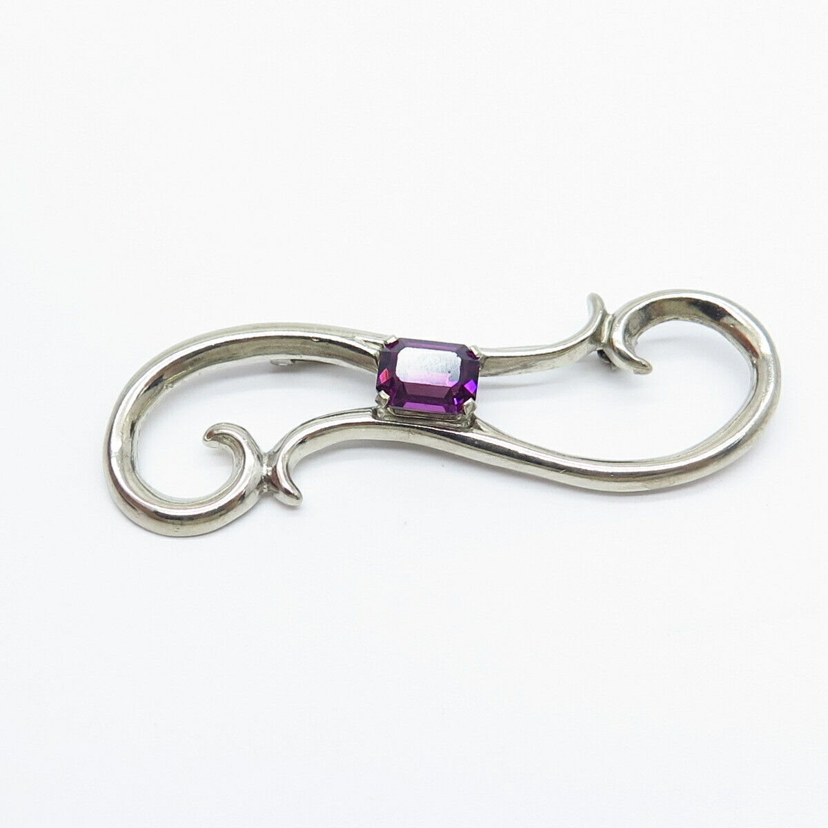 925 Sterling Silver Vintage Purple Rhinestone Modernist Pin Brooch