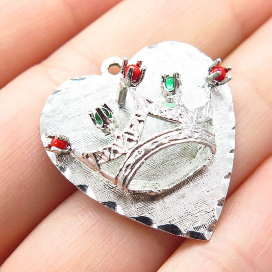 925 Sterling Silver Vintage Multi-Color C Z Crown Heart Pendant