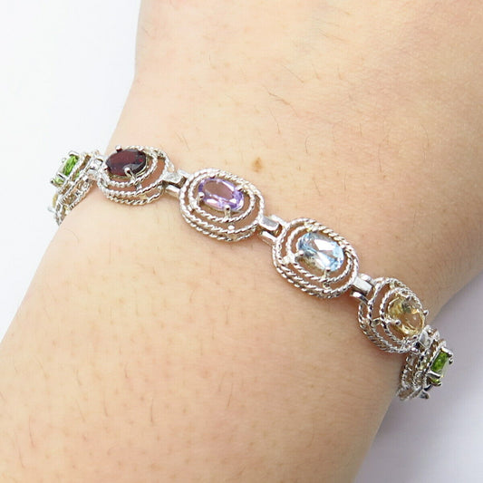 925 Sterling Silver Garnet Topaz Citrine Peridot Gem Tennis Link Bracelet 6.75"