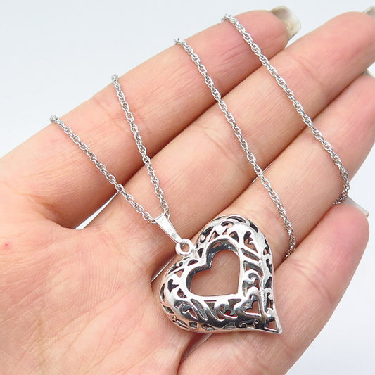 925 Sterling Silver Vintage Ornate Heart Prince-of-Wales Chain Necklace 18"