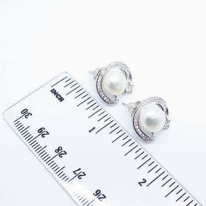 925 Sterling Silver Real Pearl & C Z Star Earrings