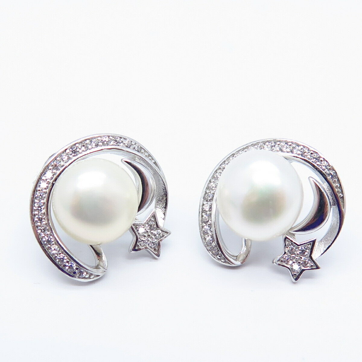 925 Sterling Silver Real Pearl & C Z Star Earrings