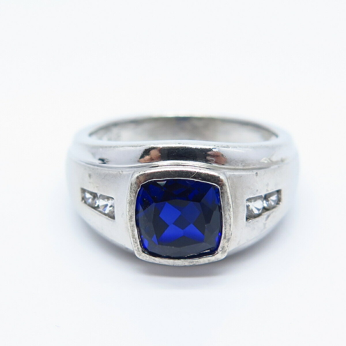 925 Sterling Silver Vintage Lab-Created Sapphire & C Z Ring Size 9.5