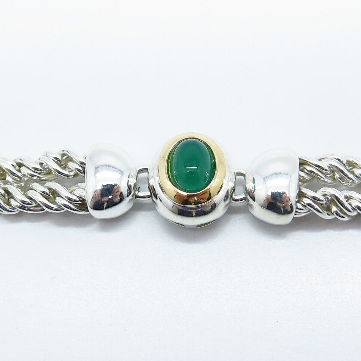 925 Sterling Silver / 14K Gold Vintage Italy Green Onyx Gem Bracelet 6.75"