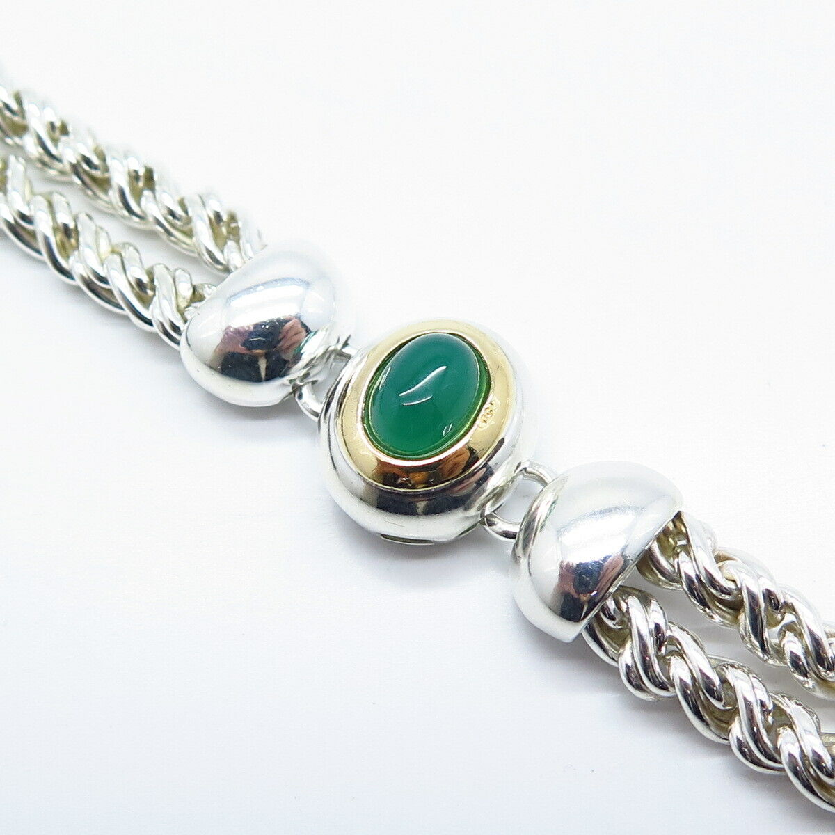 925 Sterling Silver / 14K Gold Vintage Italy Green Onyx Gem Bracelet 6.75"