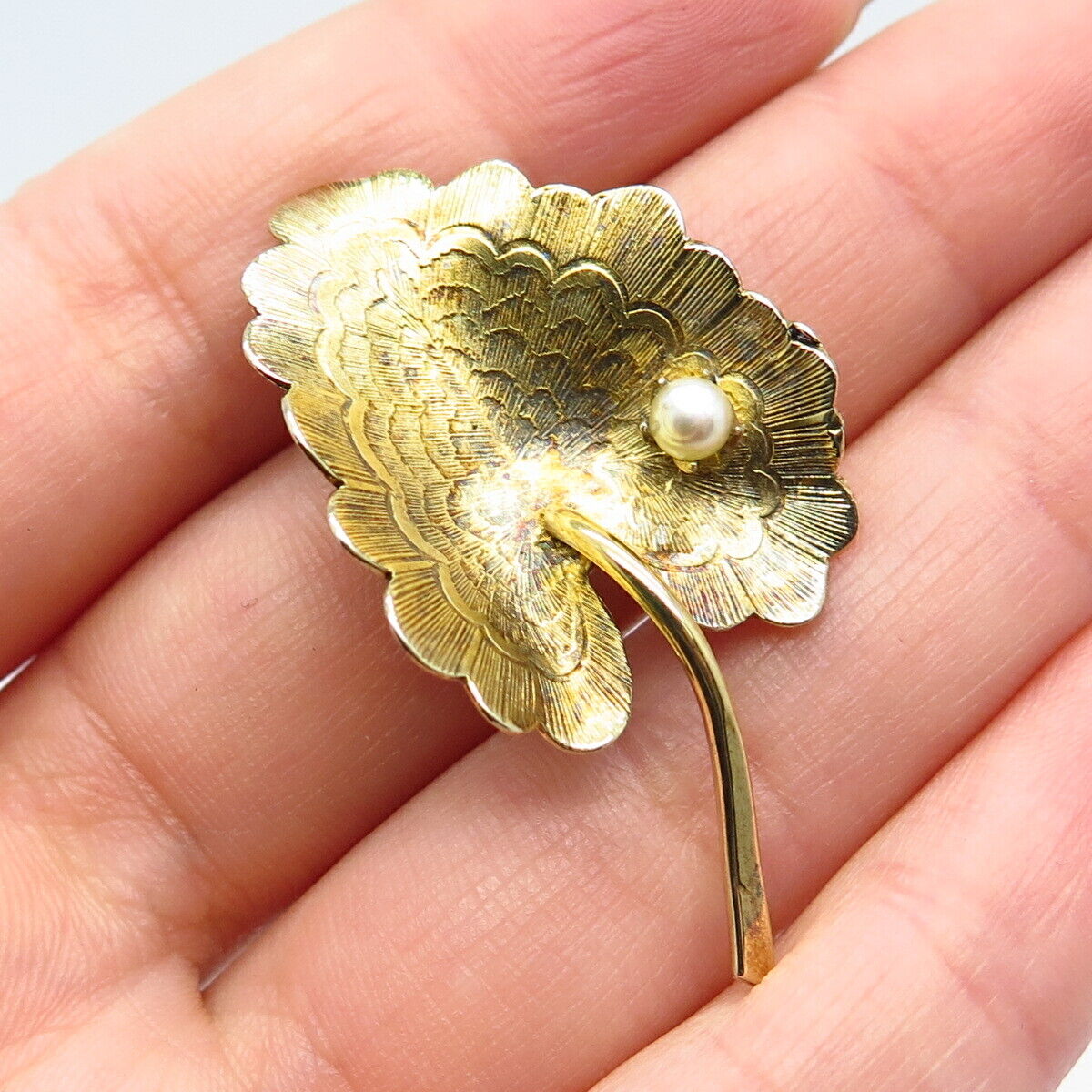 925 Sterling Silver Gold Plated  Vintage Real Pearl Leaf Textured Bin Brooch