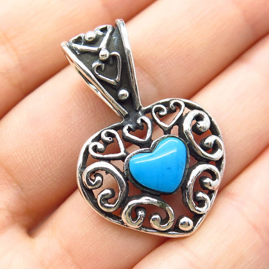 925 Sterling Silver Vintage Mexico Real Turquoise Gem Heart Ornate Pendant