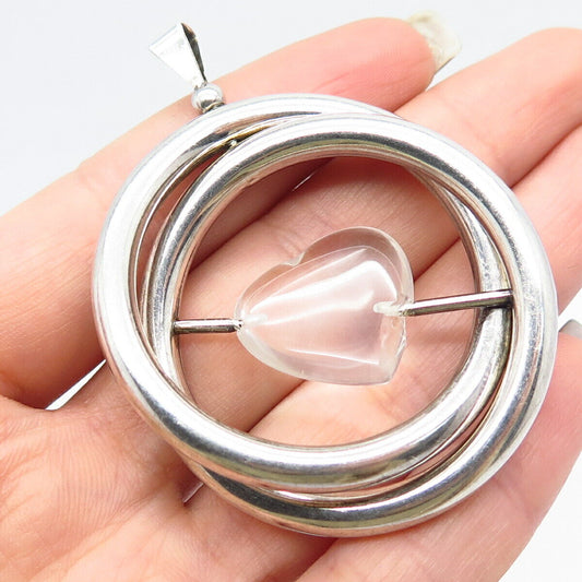 925 Sterling Silver Vintage Real Clear Quartz Heart Double Circle Pendant