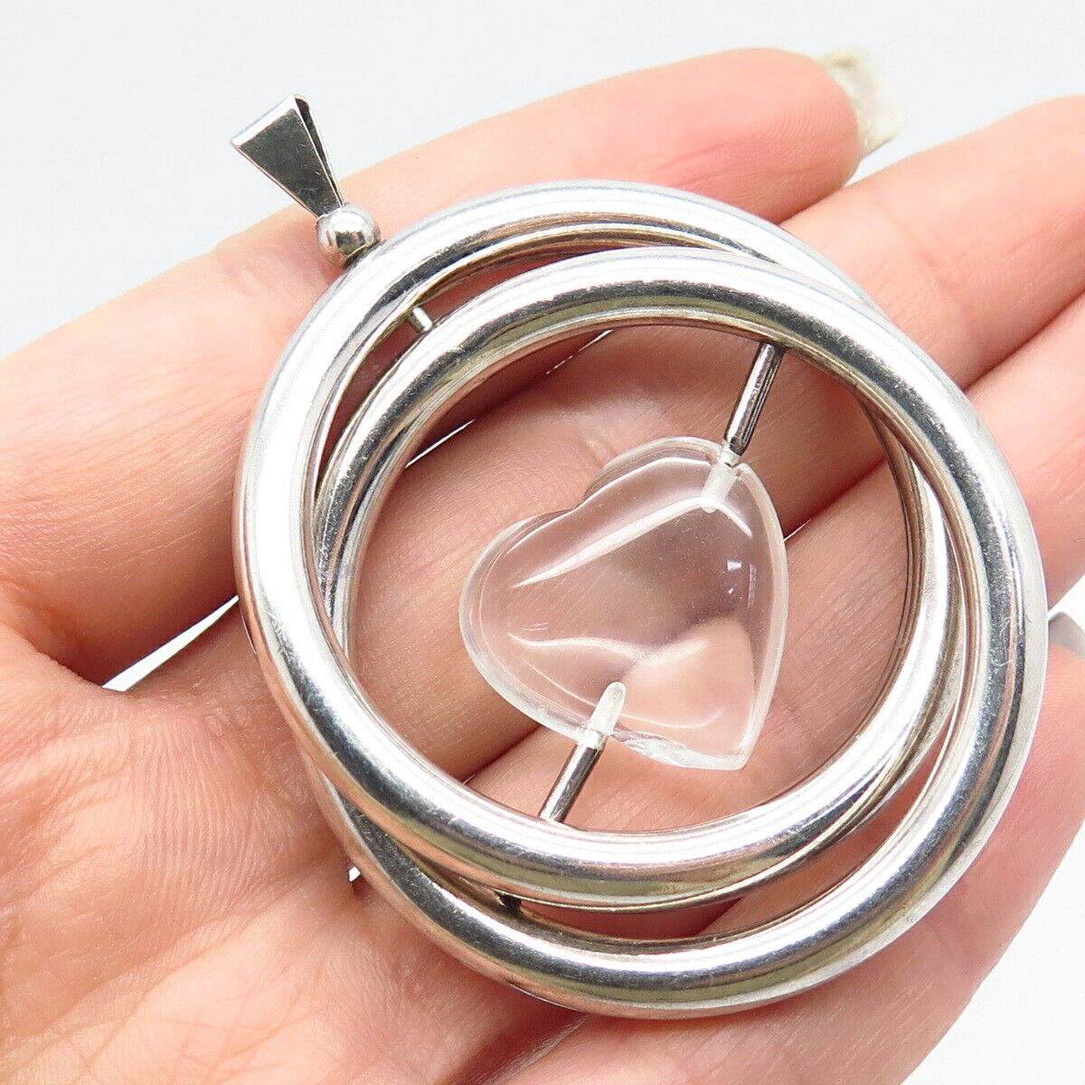 925 Sterling Silver Vintage Real Clear Quartz Heart Double Circle Pendant