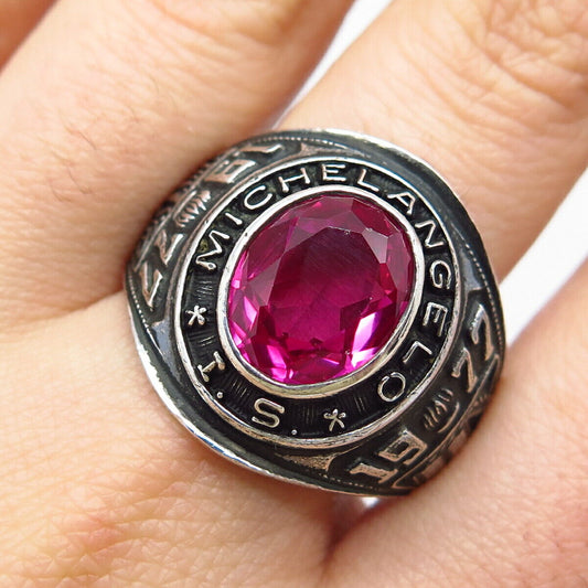 925 Sterling Silver Vintage Reed & Co Lab-Created Ruby School Ring Size 12.75