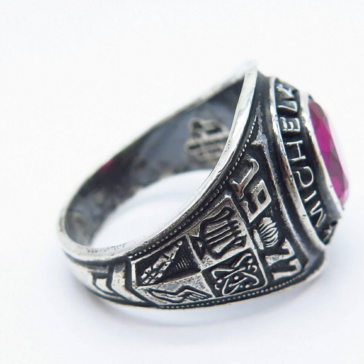 925 Sterling Silver Vintage Reed & Co Lab-Created Ruby School Ring Size 12.75