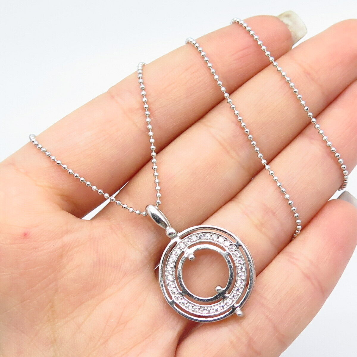 925 Sterling Silver Vintage C Z Circle Pendant Ball Chain Necklace 18"