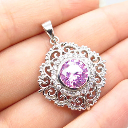 925 Sterling Silver White & Pink C Z Ornate Pendant