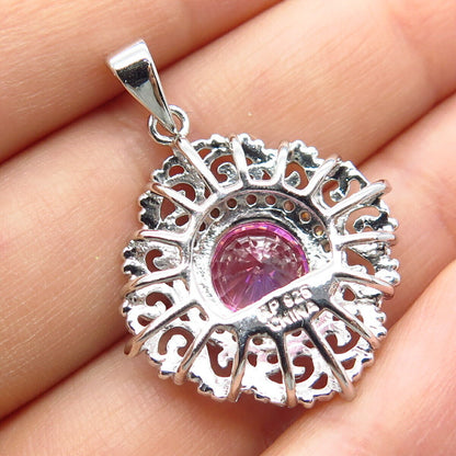 925 Sterling Silver White & Pink C Z Ornate Pendant