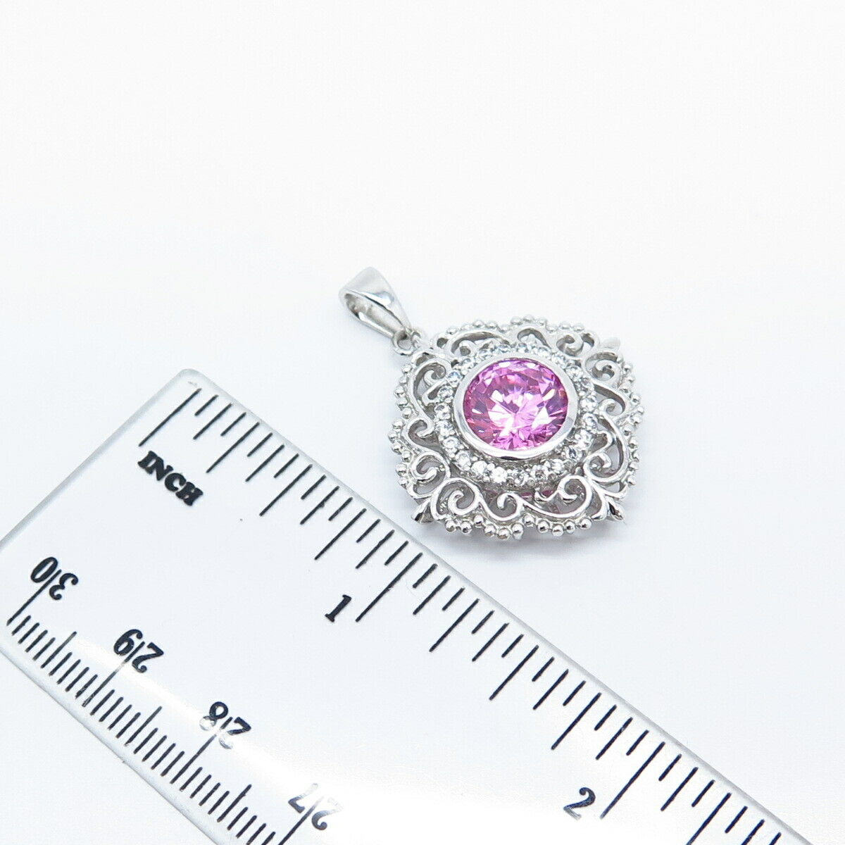 925 Sterling Silver White & Pink C Z Ornate Pendant