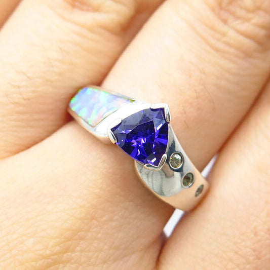 925 Sterling Silver Lab-Created Opal White & Amethyst-Tone C Z Ring Size 7.75