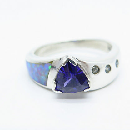 925 Sterling Silver Lab-Created Opal White & Amethyst-Tone C Z Ring Size 7.75