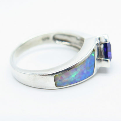 925 Sterling Silver Lab-Created Opal White & Amethyst-Tone C Z Ring Size 7.75