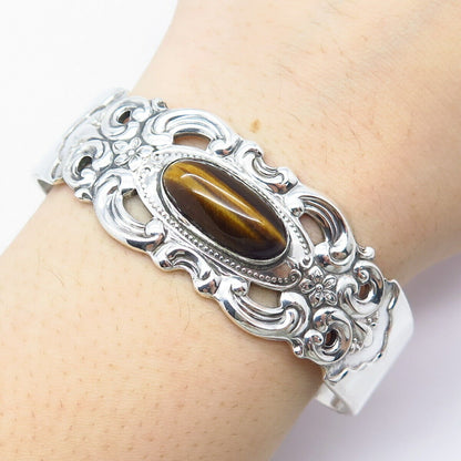 925 Sterling Silver Vintage Towle Real Tiger Eye Gem Ornate Cuff Bracelet 6.75"