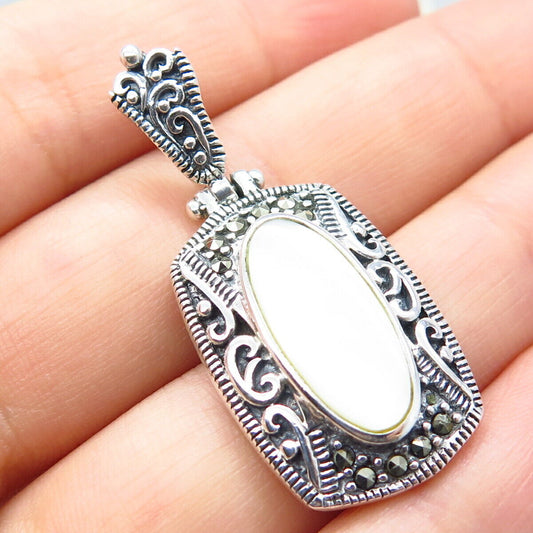 925 Sterling Silver Vintage Real Mother-of-Pearl & Marcasite Gem Ornate Pendant