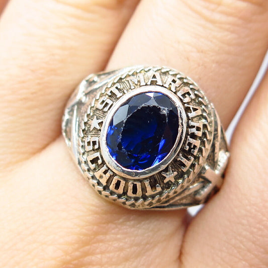 925 Sterling Silver Vintage Blue C Z School Ring Size 9.5