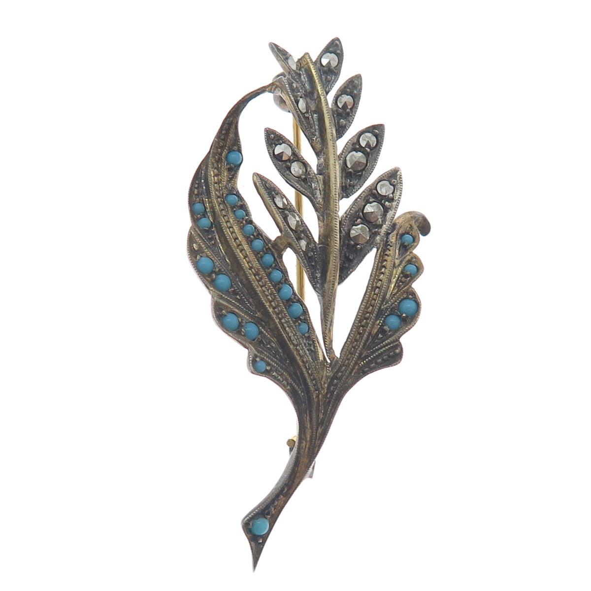 925 Sterling Gold Plated Antique Germany Faux Turquoise Marcasite Flower Brooch