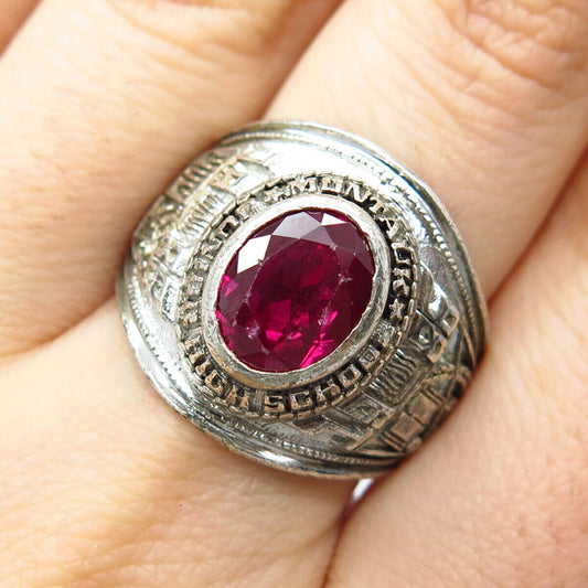 925 Sterling Silver Vintage Reed Co. Lab-Created Ruby School Ring Size 8.5