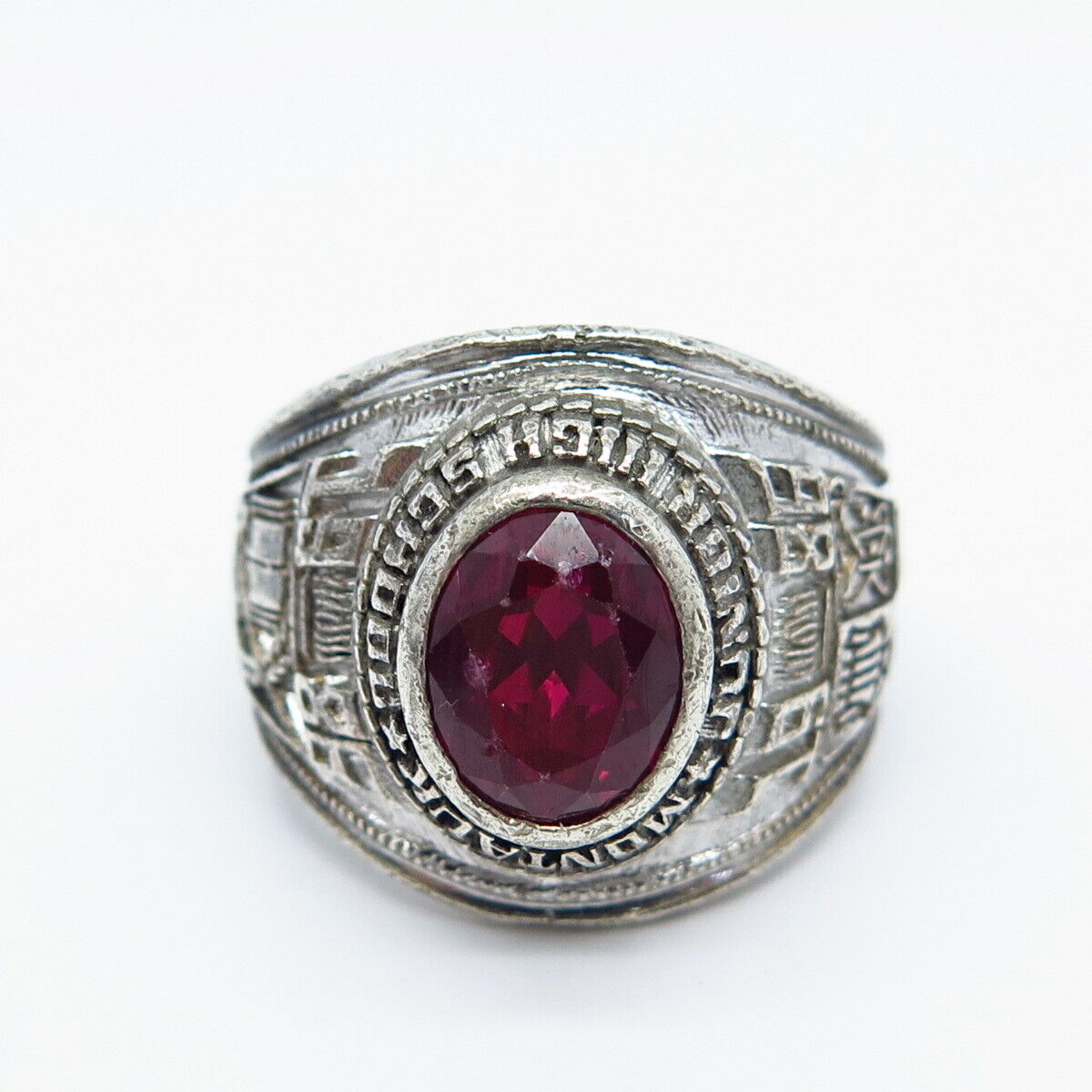 925 Sterling Silver Vintage Reed Co. Lab-Created Ruby School Ring Size 8.5