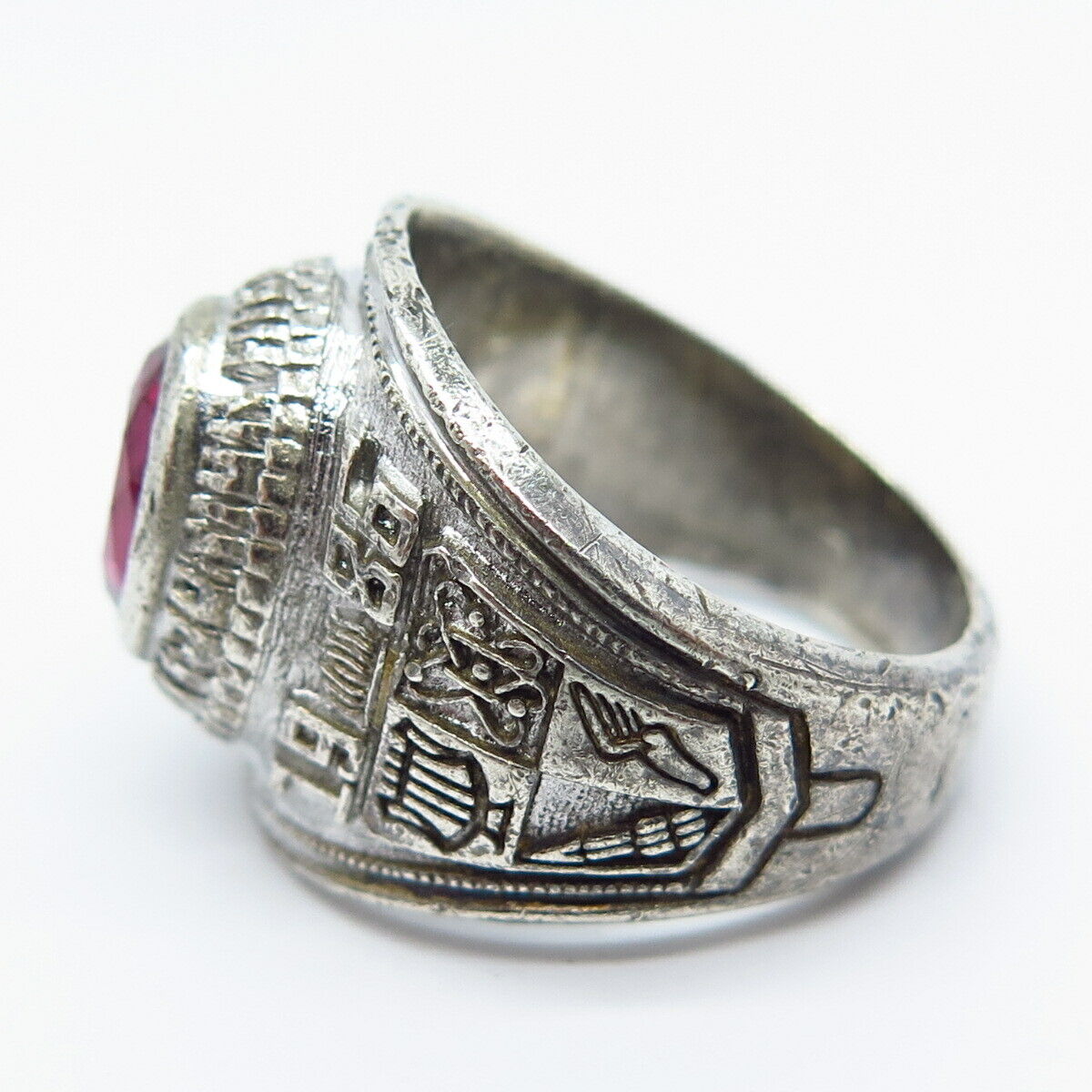 925 Sterling Silver Vintage Reed Co. Lab-Created Ruby School Ring Size 8.5