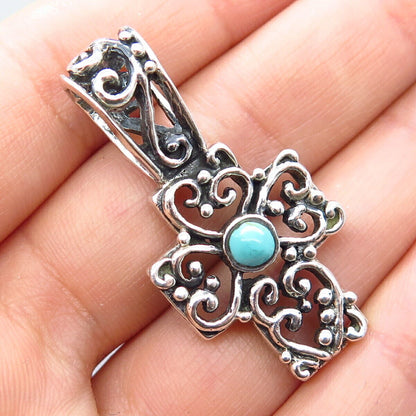 925 Sterling Silver Vintage Mexico Real Turquoise Gemstone Ornate Cross Pendant