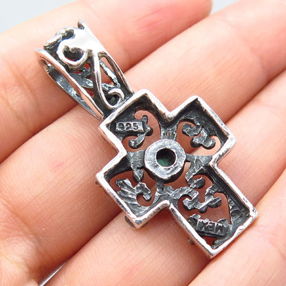 925 Sterling Silver Vintage Mexico Real Turquoise Gemstone Ornate Cross Pendant