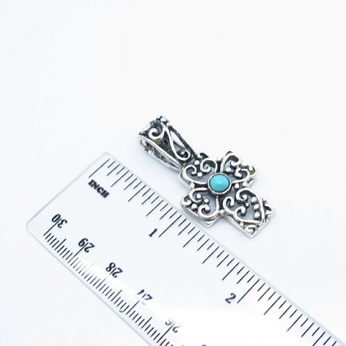 925 Sterling Silver Vintage Mexico Real Turquoise Gemstone Ornate Cross Pendant