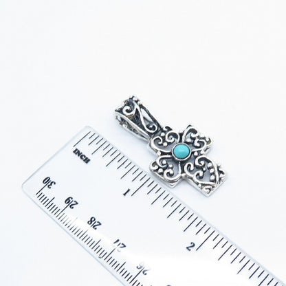 925 Sterling Silver Vintage Mexico Real Turquoise Gemstone Ornate Cross Pendant